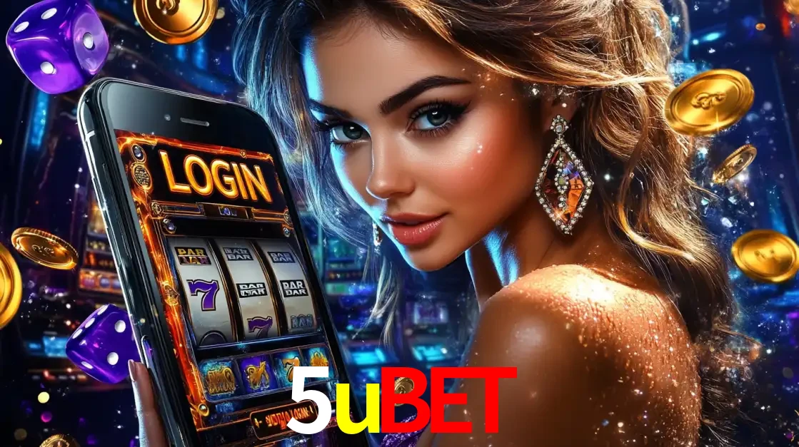 Mulher glamorosa segurando um smartphone com a tela de login para os jogos de caça-níqueis do cassino online 5ubet, com moedas de ouro e dados ao redor.