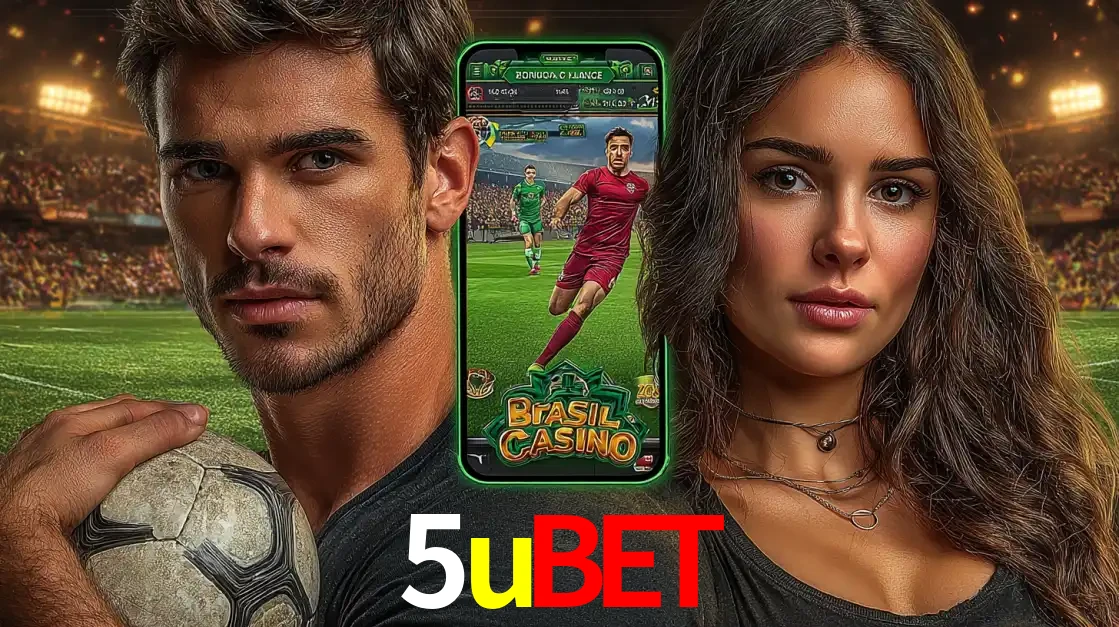 Homem segurando uma bola de futebol e uma mulher ao lado de um smartphone exibindo o jogo de apostas esportivas da 5ubet. Faça seu palpite no cassino online.